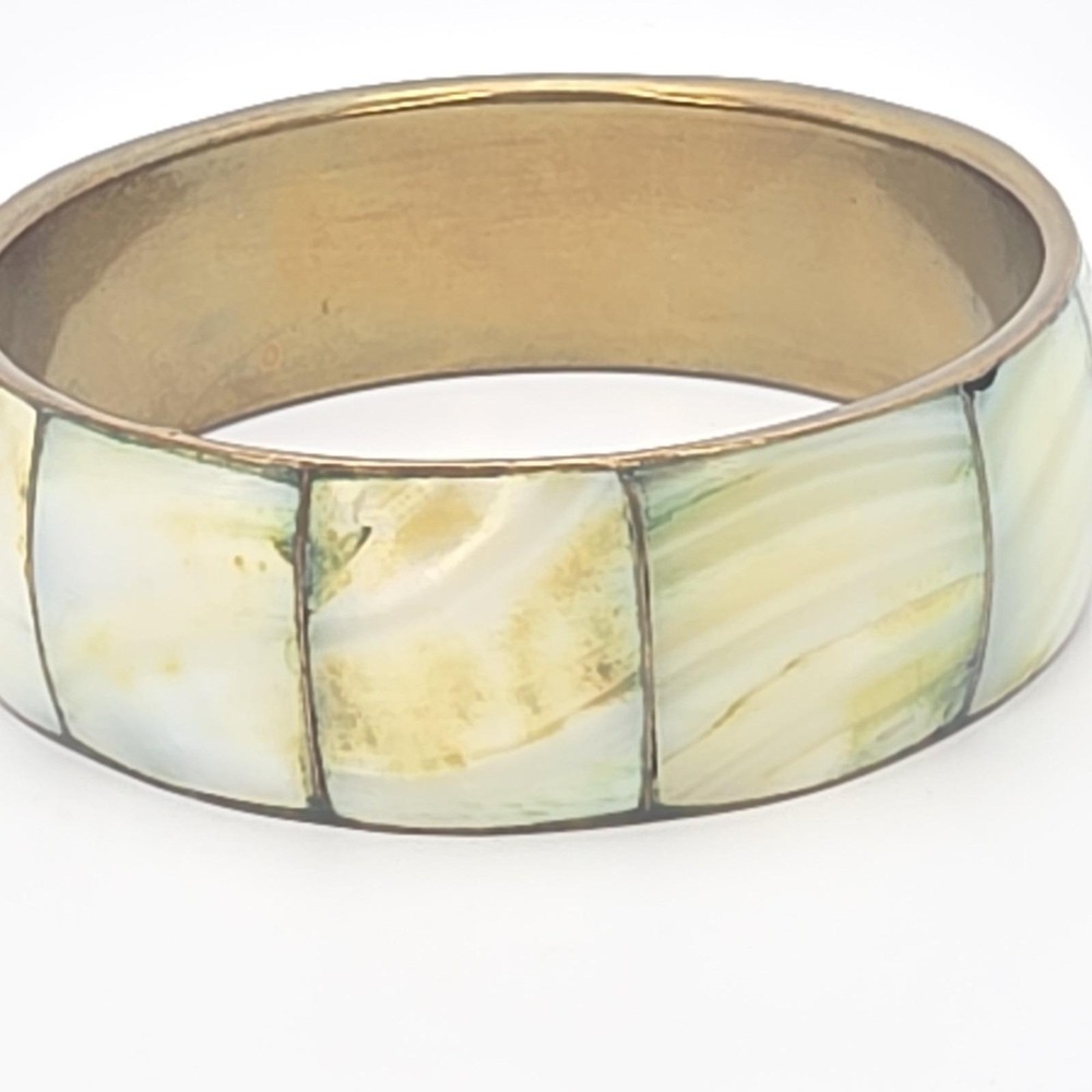 Vintage Mother Of Pearl Inlay Bracelet Wide Brass Bangle 8.5" FREE‎ $HIPPING!! - Picture 9 of 16